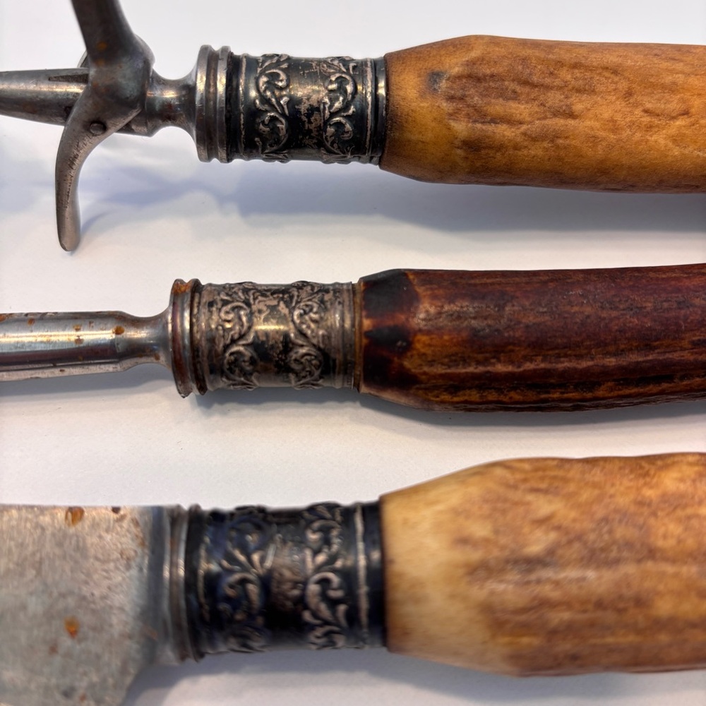 Antique Vintage Antler Handle Handle Carving Set w/ Silver Plated Ferrules Rare - Picture 10 of 14